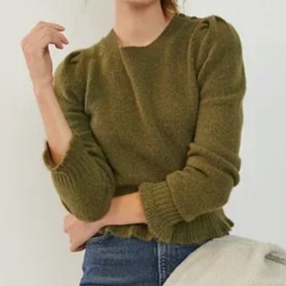 Anthropologie Olive Green Puff-Sleeve Crewneck Sweater